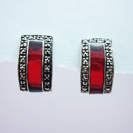 Red Enamel Rectangle Earrings with Marcasite - Click Image to Close